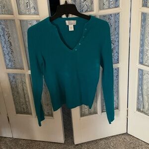VINTAGE SPIEGEL SCOOP V-NECK SWEATER- SIZE L. AVAILABLE IN TEAL BLUE OR BLACK.